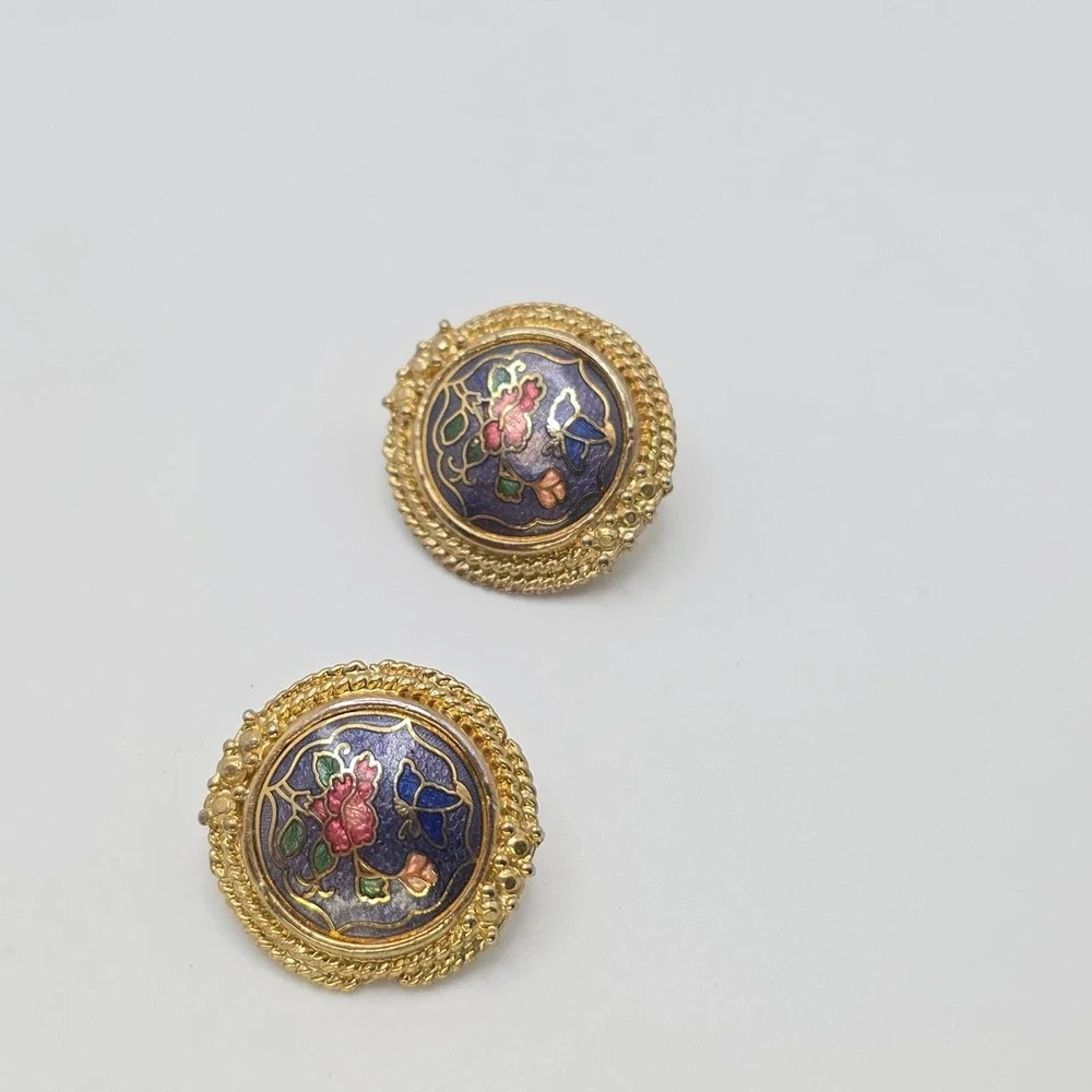 Vtg Cloisonne Butterfly Flower Earrings‎ Purple Red Gold Tone Leaf Disc Clip-Ons